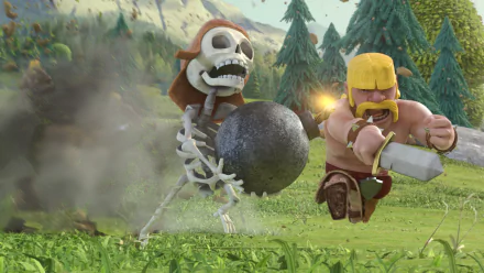 Clash of Clans HD wallpaper featuring a skeleton with a bomb and a barbarian ready to attack on a grassy battlefield.