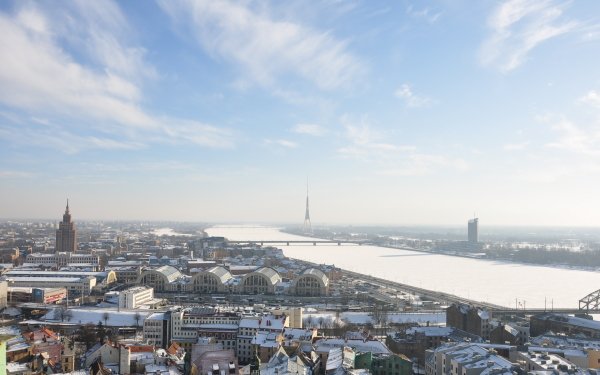 Man Made Riga Cities Latvia Tower Winter City River Cityscape Horizon Building HD Wallpaper | Background Image