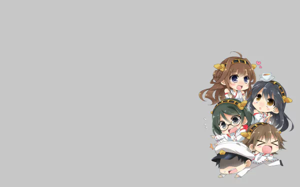 HD PC desktop wallpaper featuring chibi-style anime characters Admiral, Haruna, Kirishima, Hiei, and Kongou from Kantai Collection (Kancolle).