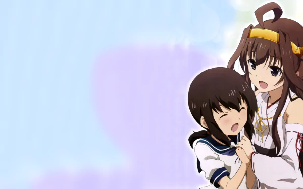 HD PC desktop wallpaper of Fubuki (Kancolle) and Kongou (Kancolle) from Kantai Collection — anime-style scene of Kongou hugging smiling Fubuki against a soft pastel background.
