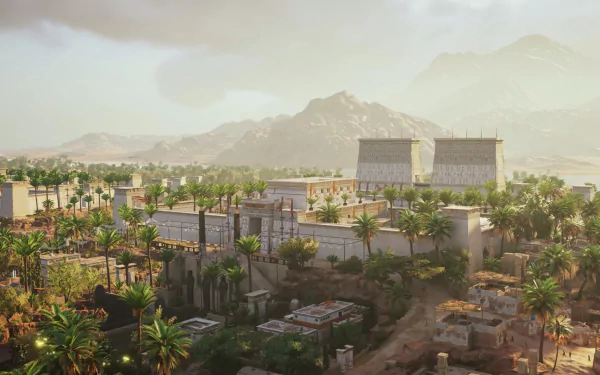 HD desktop wallpaper featuring a Temple in Egypt surrounded by palm trees with a mountain in the background from the video game Assassin's Creed Origins.