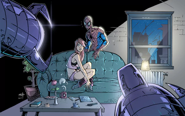 4K Ultra HD PC wallpaper: comic scene of Peter Parker/Spider-Man crouched behind Mary Jane Watson on a couch in a dim loft, studio lights and a city skyline visible through the window.