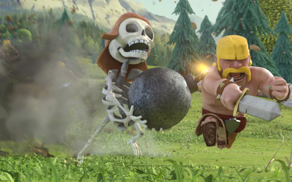 Clash of Clans HD wallpaper featuring a skeleton with a bomb and a barbarian ready to attack on a grassy battlefield.