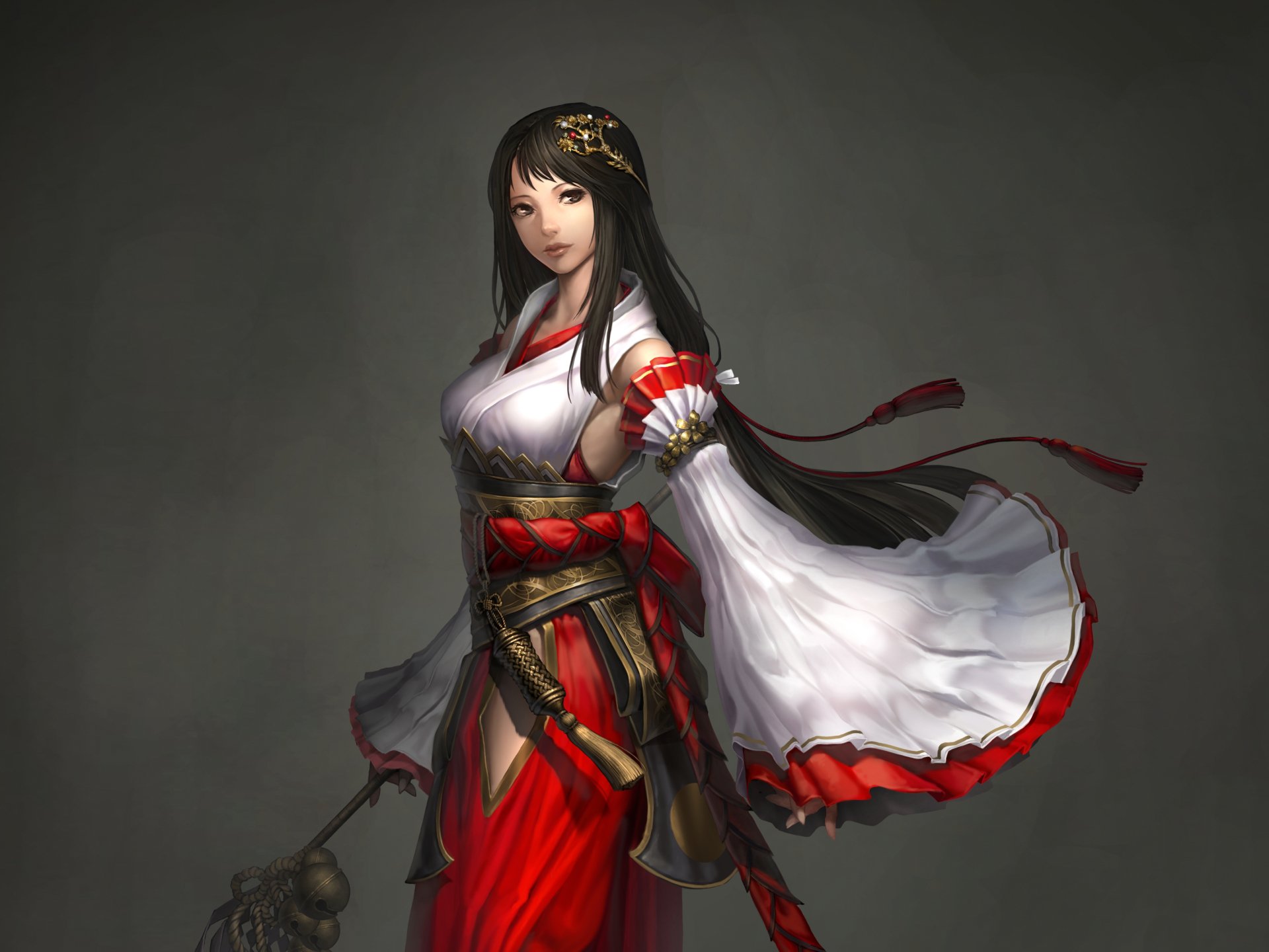 HD desktop wallpaper of an Asian fantasy character with long black hair, dressed in red and white attire from the video game Atlantica Online.
