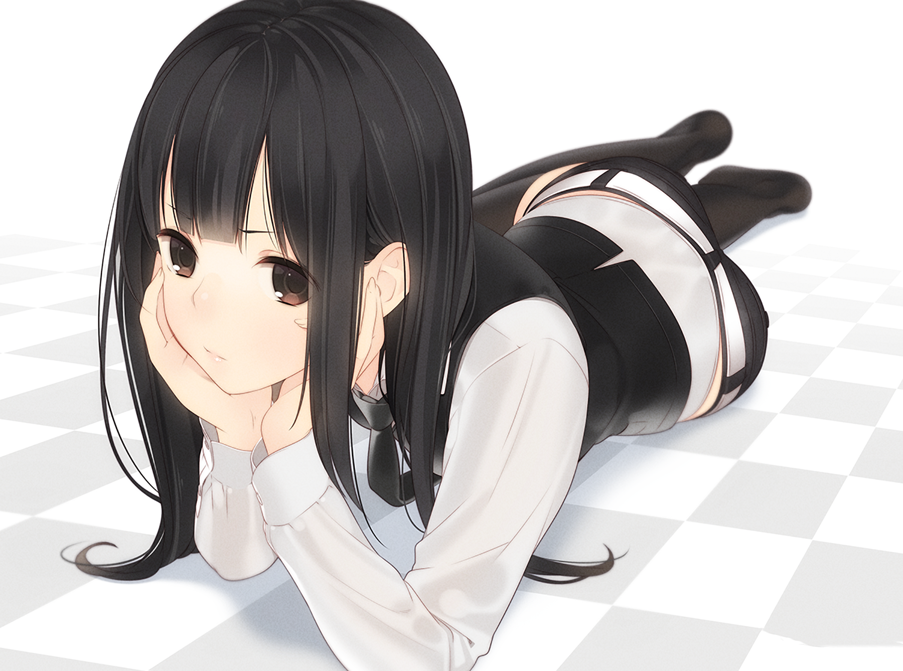 HD anime original desktop wallpaper: black-haired girl with brown eyes in a uniform—shorts and thigh-highs—lying on her stomach on a checkered floor.