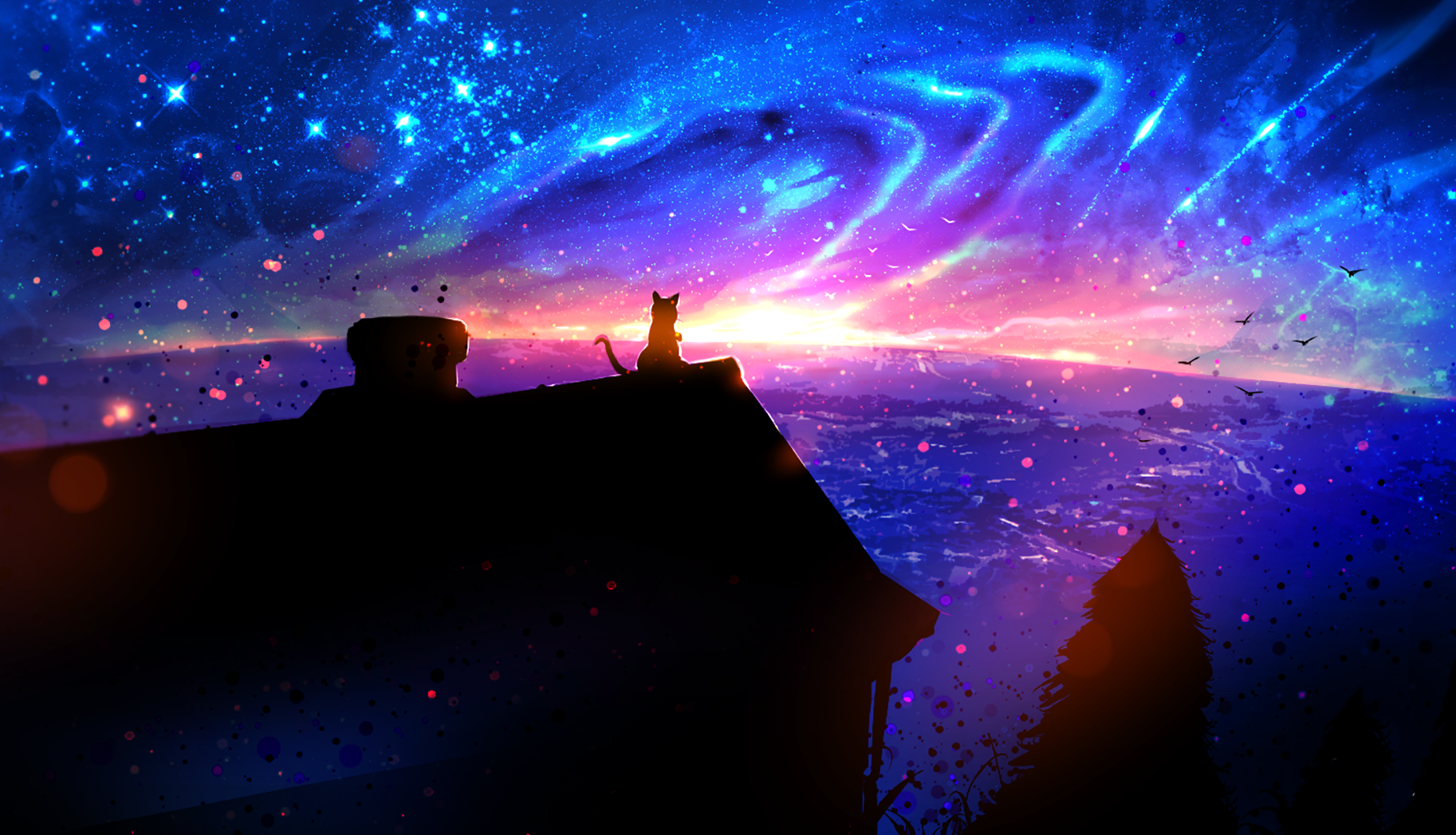 A cat silhouette sits on a house roof under a vibrant fantasy sky filled with stars and colorful light at sunset, captured in HD for a PC desktop wallpaper.