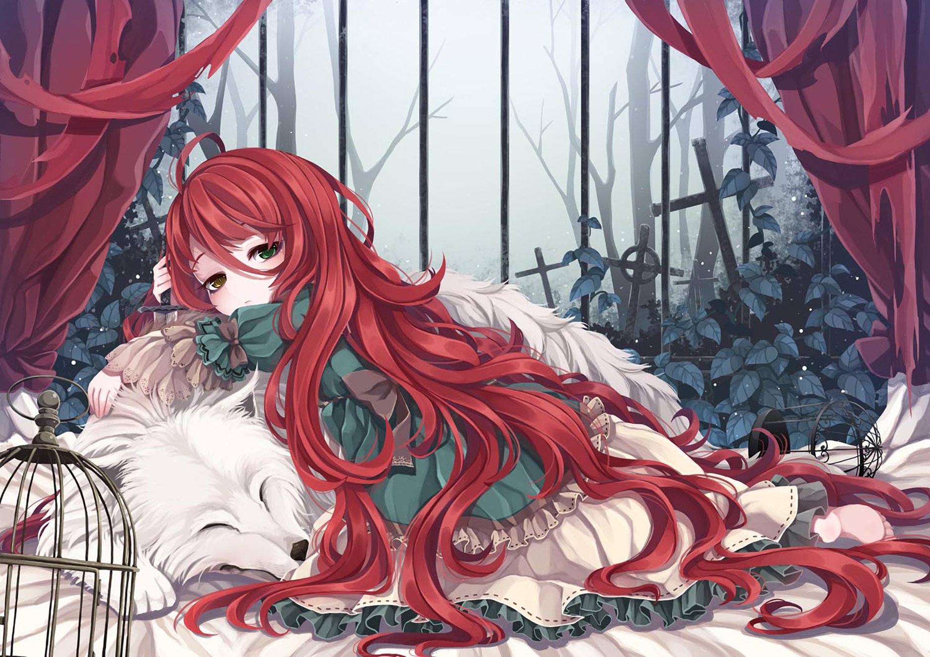 Anime-style HD wallpaper of a red-haired girl with heterochromia lying in a graveyard, draped over a white wolf, surrounded by flowers and an empty birdcage.