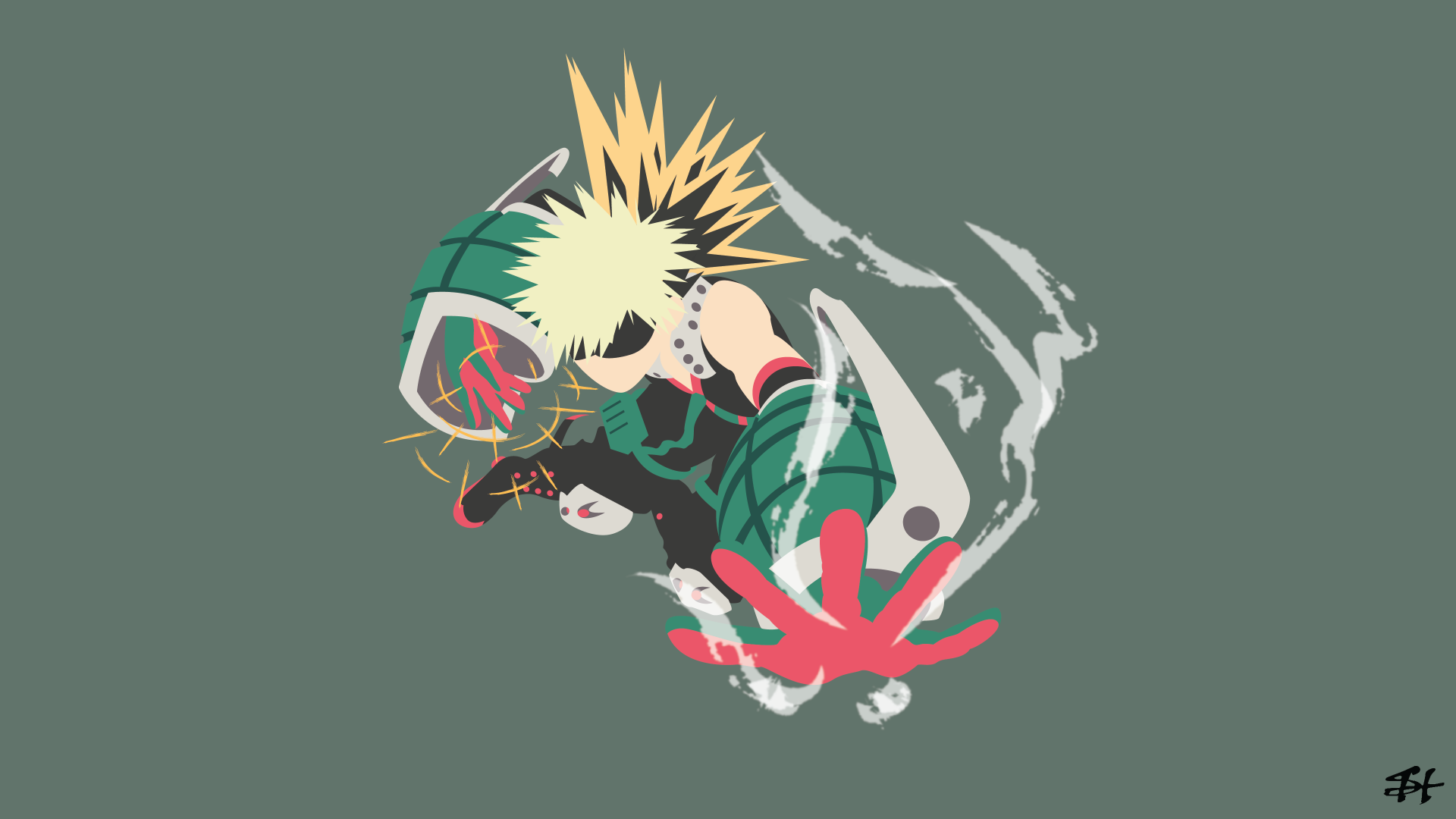 4K Ultra HD PC desktop wallpaper featuring Katsuki Bakugou from the anime My Hero Academia in a dynamic action pose with explosive effects on a muted green background.