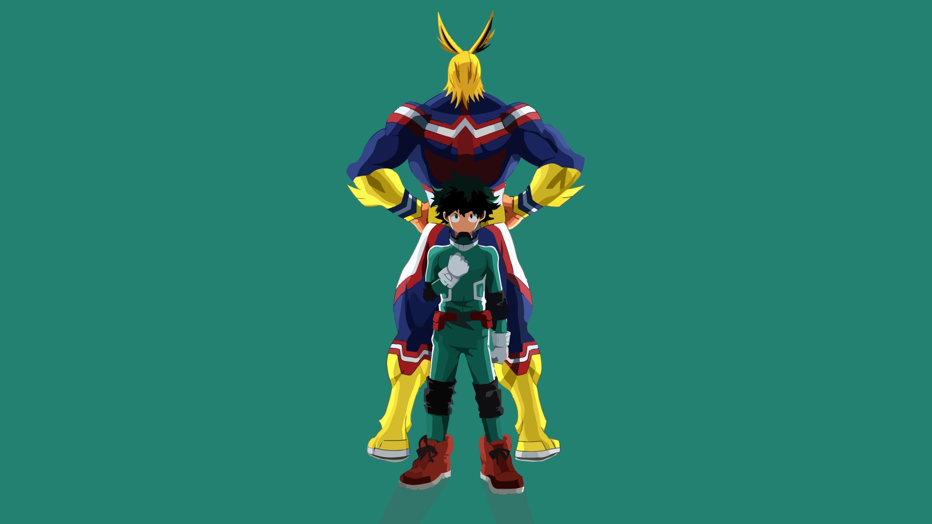 HD anime desktop wallpaper featuring Izuku Midoriya and All Might from My Hero Academia standing back-to-back against a green background.