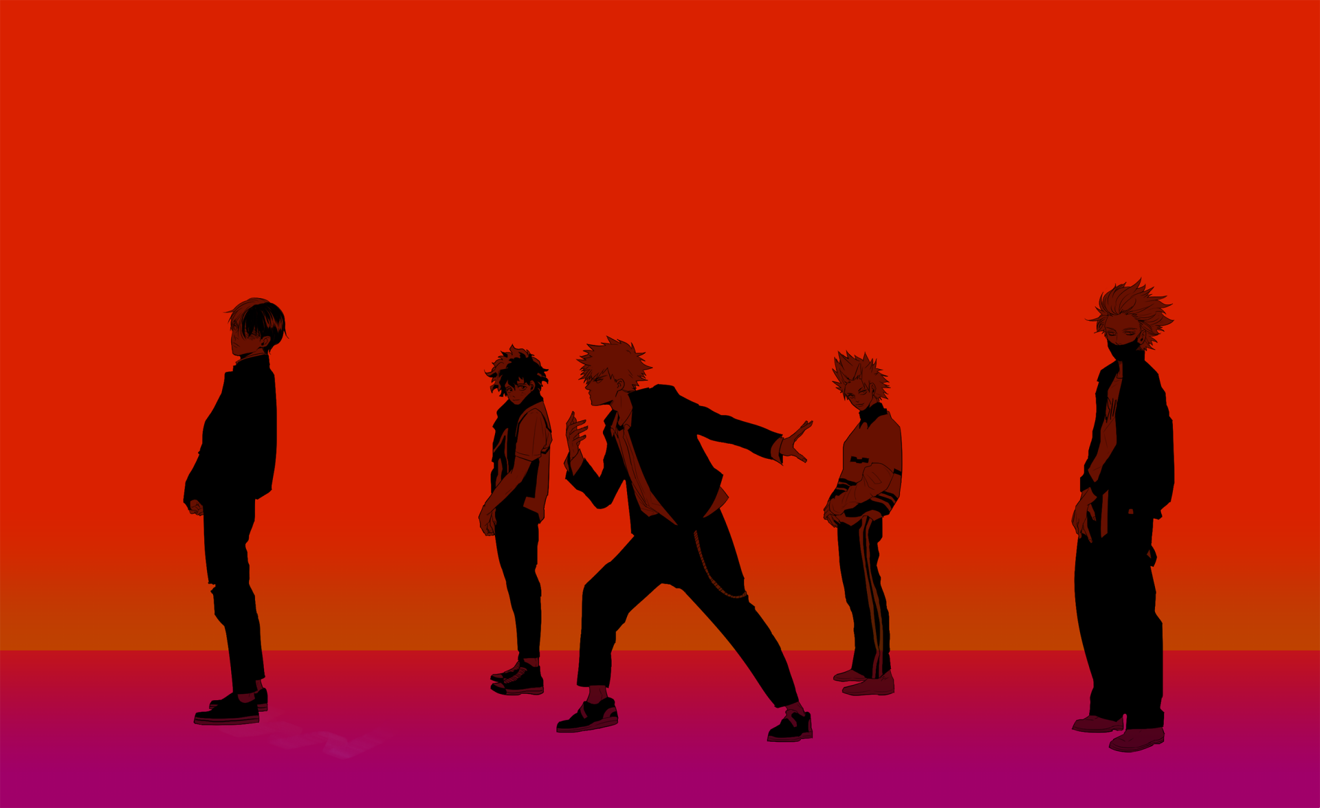 HD wallpaper featuring Katsuki Bakugou, Shoto Todoroki, Denki Kaminari, and Izuku Midoriya from the anime My Hero Academia, standing against a vibrant red and purple gradient background.