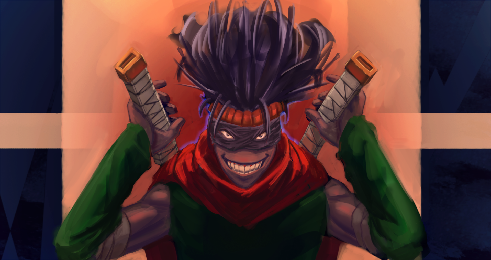 HD anime wallpaper featuring Chizome Akaguro from My Hero Academia, showcasing his menacing smile and dual katanas against a warm-toned background.