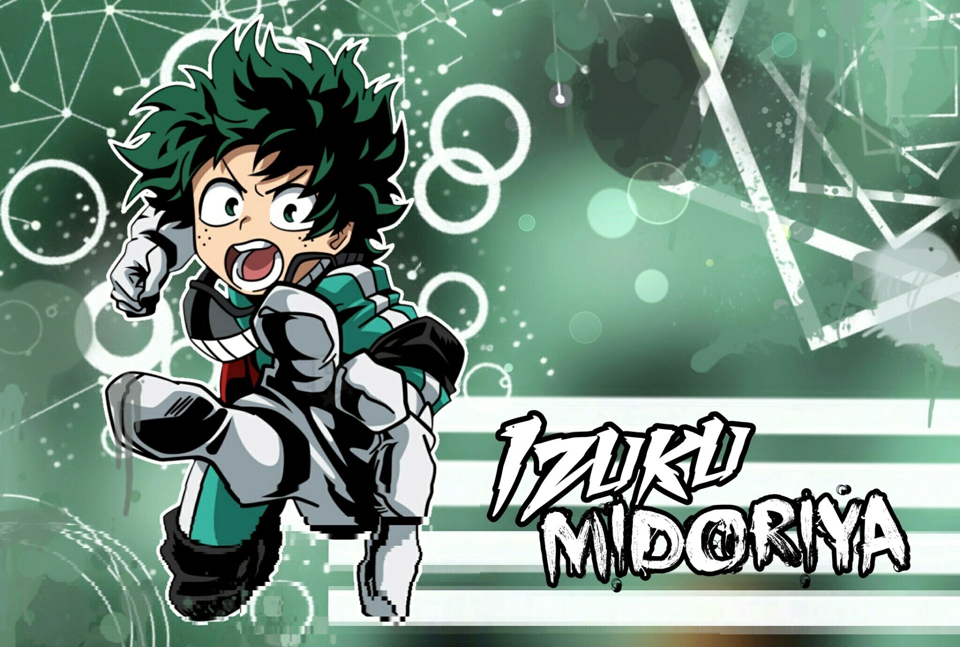 HD PC desktop wallpaper featuring Izuku Midoriya from the anime My Hero Academia in a dynamic action pose with green and white abstract background.