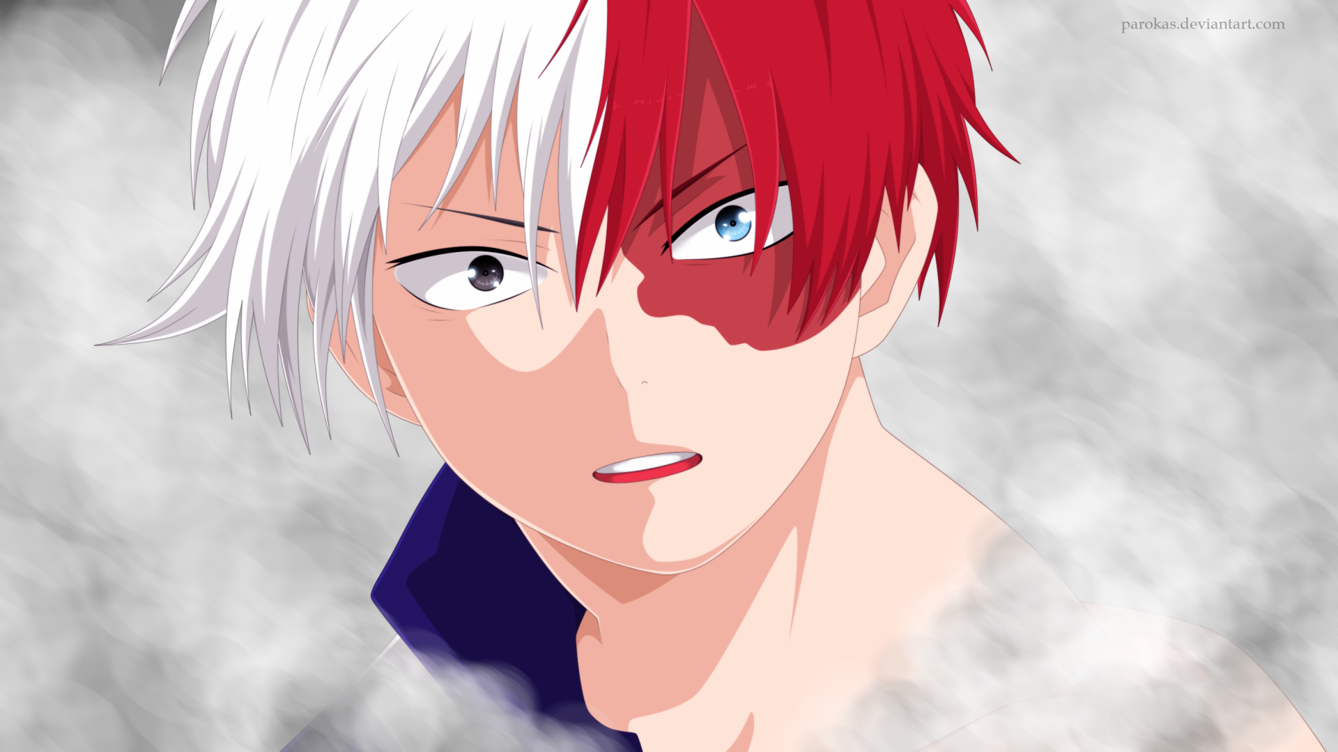 HD anime desktop wallpaper featuring Shoto Todoroki from My Hero Academia, showcasing his distinctive half-red, half-white hair and icy mist background.