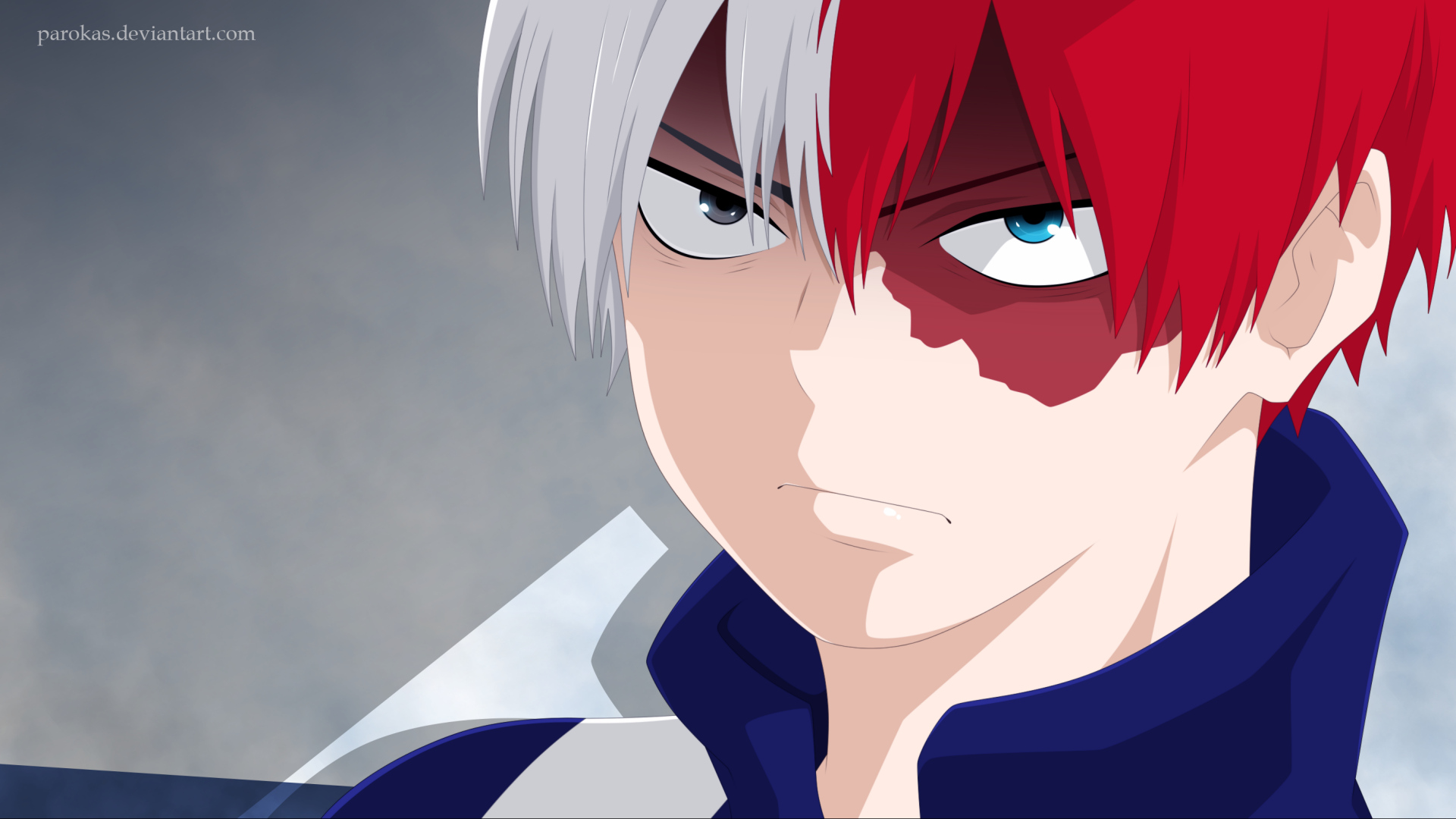 HD PC desktop wallpaper featuring Shoto Todoroki from the anime My Hero Academia with his distinct red and white hair and intense gaze.