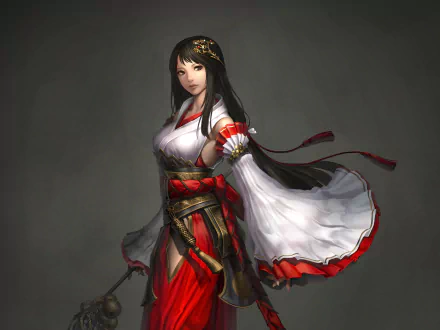 HD desktop wallpaper of an Asian fantasy character with long black hair, dressed in red and white attire from the video game Atlantica Online.