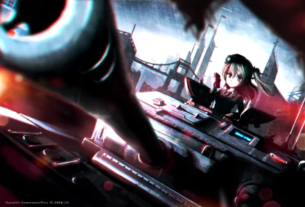 HD wallpaper featuring Arisu Shimada from the anime Girls und Panzer, displaying her in a dramatic scene atop a tank with a dark, dystopian backdrop.