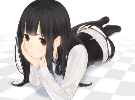 HD anime original desktop wallpaper: black-haired girl with brown eyes in a uniform—shorts and thigh-highs—lying on her stomach on a checkered floor.