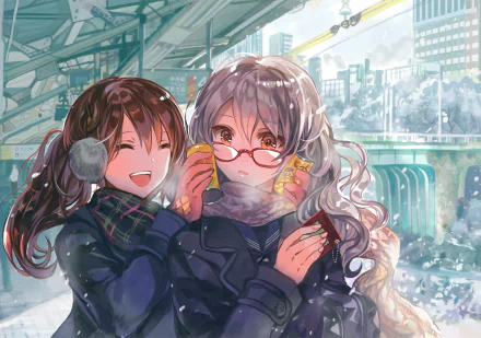 HD anime winter wallpaper featuring two girls—one with brown hair and earmuffs, the other with white hair and glasses—sharing a warm moment in snowy cityscape.