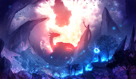 A magical HD desktop wallpaper featuring a majestic dragon with wings in a fantasy valley, accompanied by a mage, glowing trees, and captivating clouds in the sky.