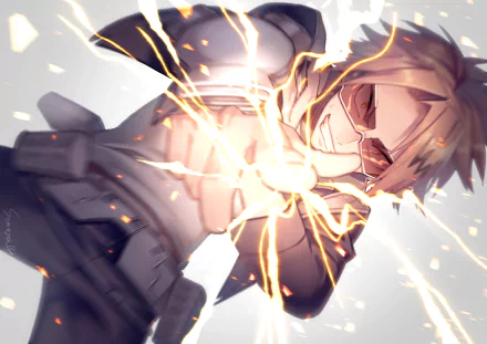 HD anime wallpaper featuring Denki Kaminari from My Hero Academia, electrifying energy crackling from his hand in dynamic action pose on a PC desktop background.