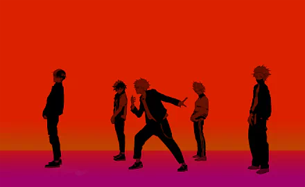 HD wallpaper featuring Katsuki Bakugou, Shoto Todoroki, Denki Kaminari, and Izuku Midoriya from the anime My Hero Academia, standing against a vibrant red and purple gradient background.