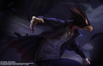 HD desktop wallpaper featuring Fumikage Tokoyami from the anime My Hero Academia, depicted in a dynamic pose with a dark, atmospheric background.