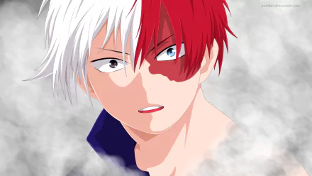 HD anime desktop wallpaper featuring Shoto Todoroki from My Hero Academia, showcasing his distinctive half-red, half-white hair and icy mist background.