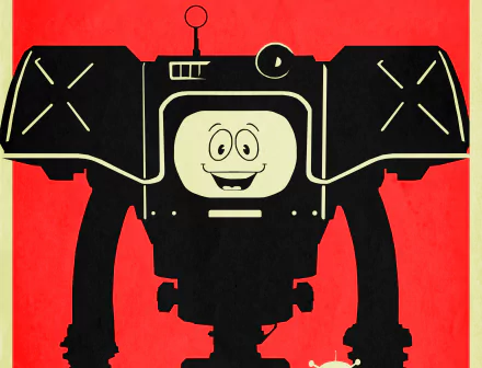 5K Ultra HD PC wallpaper of Yes Man (Fallout) — a smiling, retro-styled robot from the Fallout: New Vegas video game against a bold red background