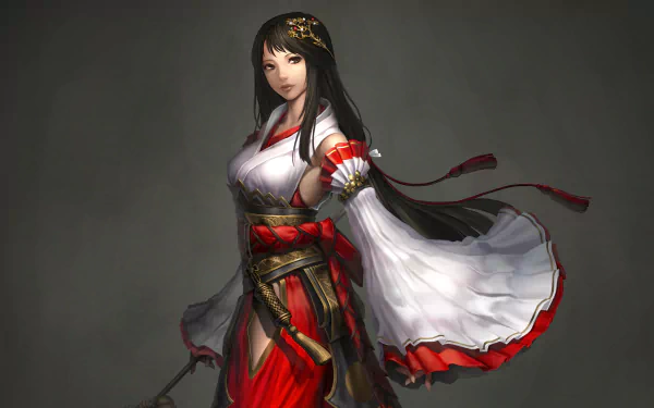 HD desktop wallpaper of an Asian fantasy character with long black hair, dressed in red and white attire from the video game Atlantica Online.