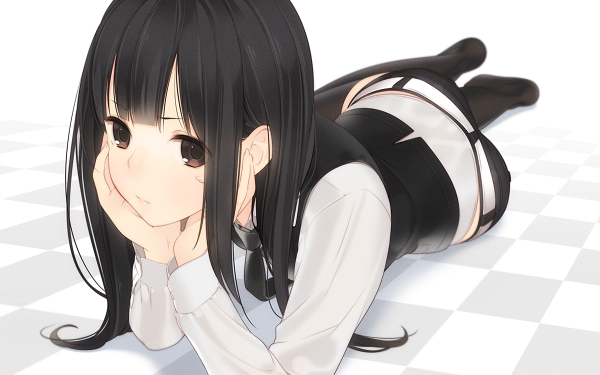 Anime Original Shorts Black Hair Brown Eyes Uniform Thigh Highs HD Wallpaper | Background Image