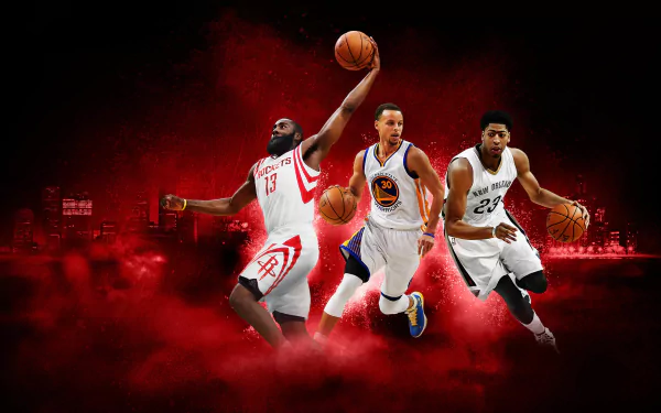 HD desktop wallpaper featuring NBA stars in dynamic poses against a dramatic red background, capturing the intensity of basketball and sports culture.