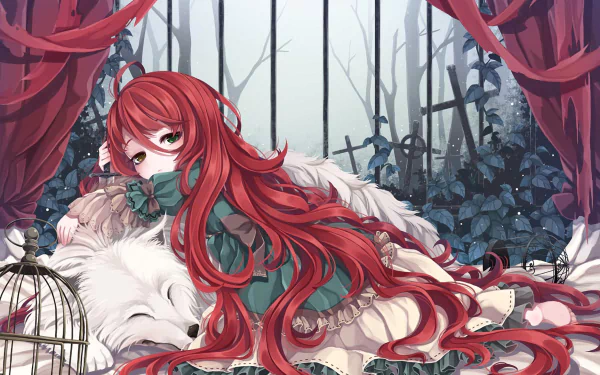 Anime-style HD wallpaper of a red-haired girl with heterochromia lying in a graveyard, draped over a white wolf, surrounded by flowers and an empty birdcage.