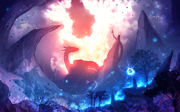 A magical HD desktop wallpaper featuring a majestic dragon with wings in a fantasy valley, accompanied by a mage, glowing trees, and captivating clouds in the sky.
