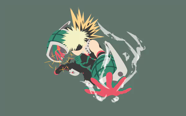 4K Ultra HD PC desktop wallpaper featuring Katsuki Bakugou from the anime My Hero Academia in a dynamic action pose with explosive effects on a muted green background.