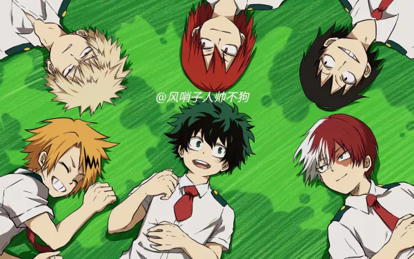 HD wallpaper featuring Eijiro Kirishima, Izuku Midoriya, Shoto Todoroki, Denki Kaminari, and Katsuki Bakugou from My Hero Academia, sitting in a circle on a green background, all in school uniforms.