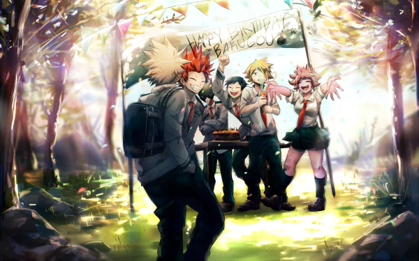 HD desktop wallpaper featuring Mina Ashido, Denki Kaminari, Katsuki Bakugou, and Shoto Todoroki from My Hero Academia celebrating a birthday party.