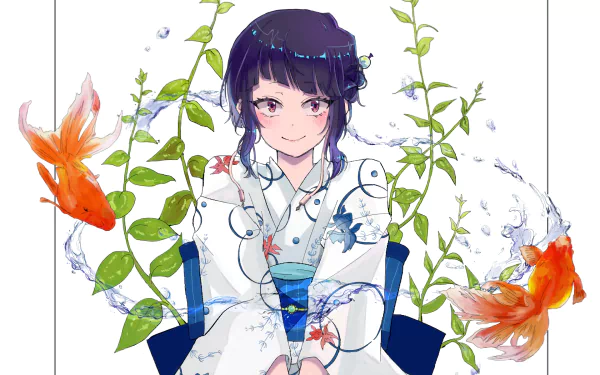 HD desktop wallpaper featuring Kyōka Jirō with purple hair, pink eyes, and a blush, wearing a kimono. She smiles against a backdrop of water, green leaves, and orange fish, inspired by My Hero Academia.
