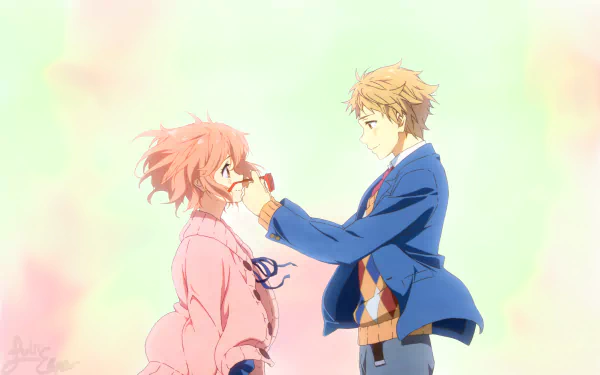 HD wallpaper featuring Akihito Kanbara and Mirai Kuriyama from the anime Kyoukai no Kanata (Beyond the Boundary). Akihito playfully touches Mirai's nose in a pastel-colored background.