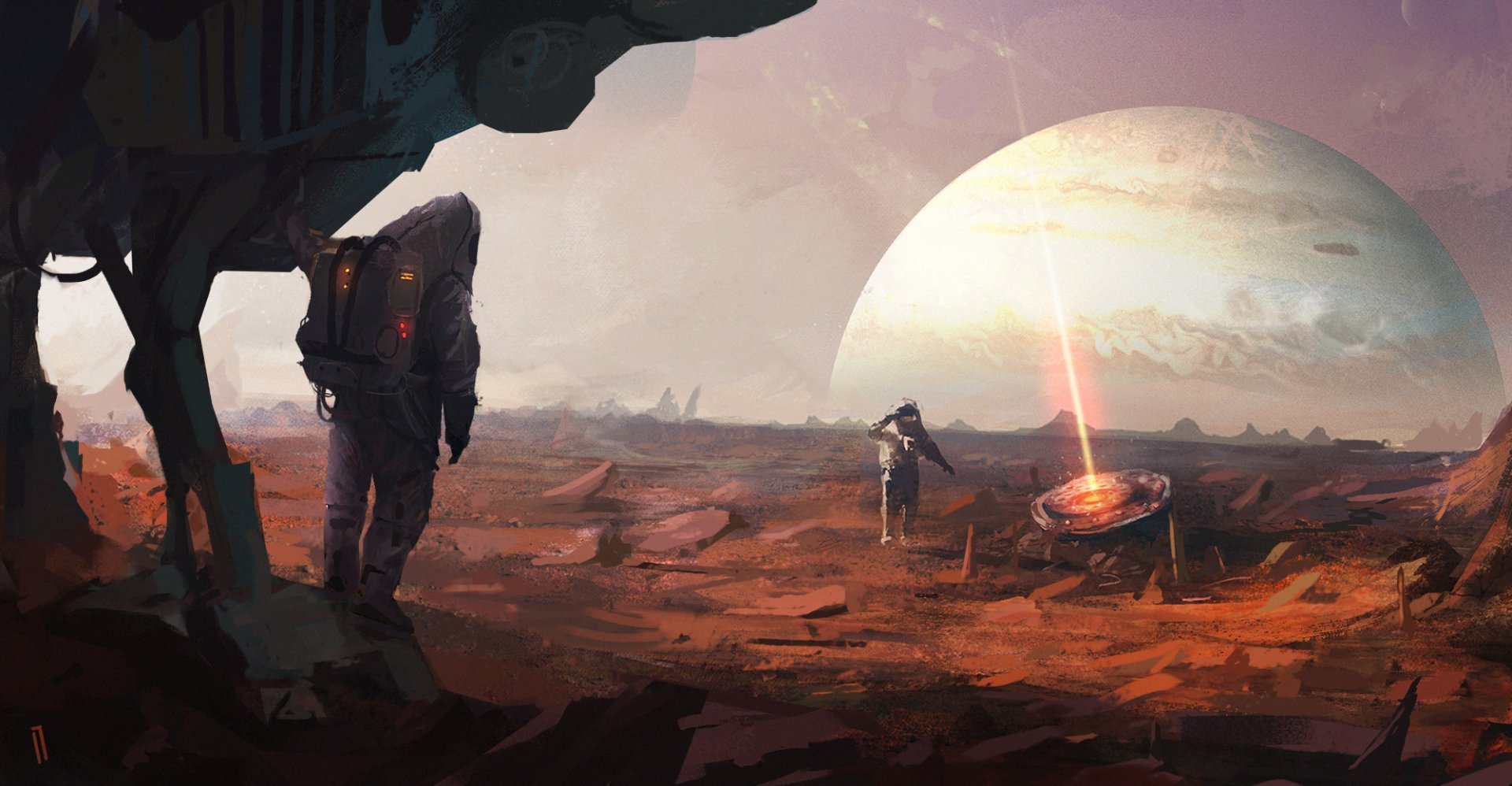 Astronauts in space suits explore a rocky terrain under Jupiter's looming presence. A beam of light touches down on the surface, creating a futuristic, sci-fi scene. HD desktop wallpaper.
