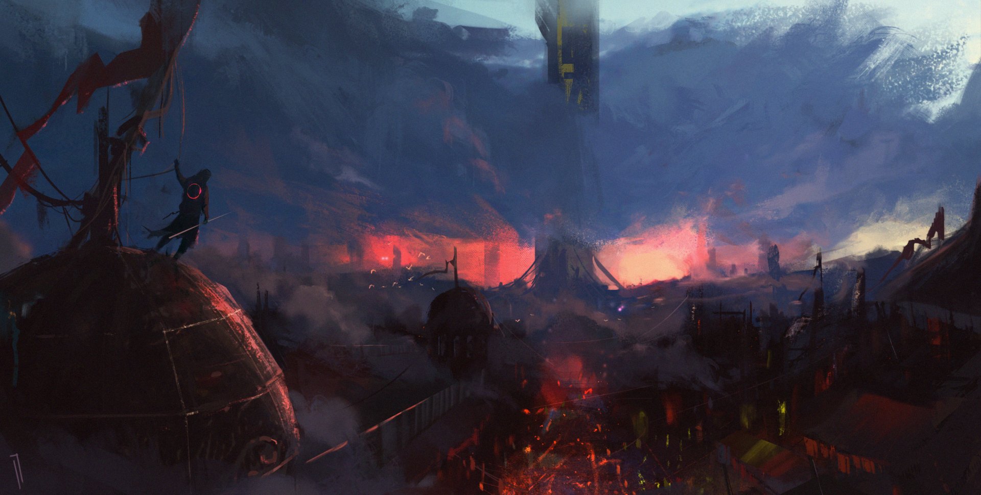 Fantasy cityscape with glowing red light beneath dark clouds, featuring domed buildings and towering structures in an HD PC desktop wallpaper background.