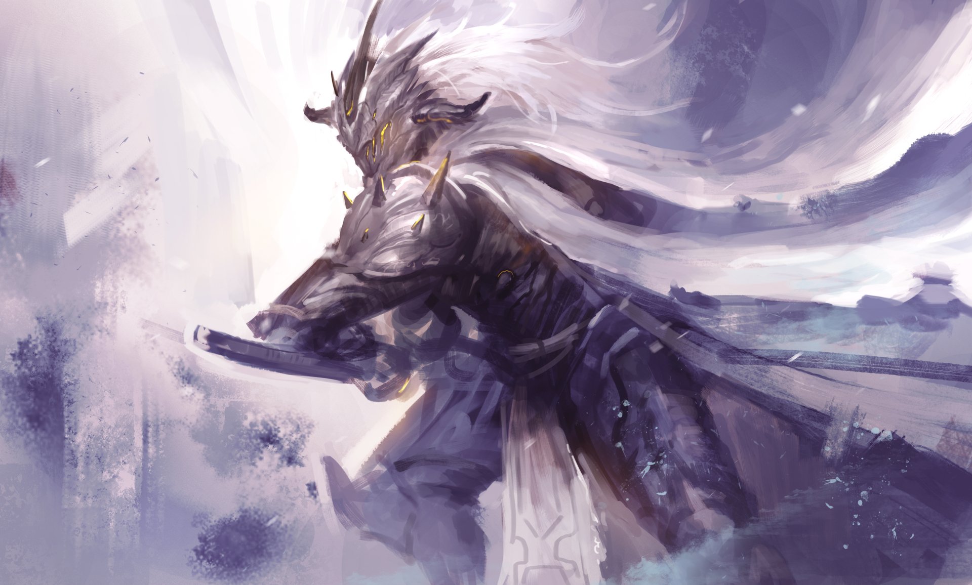 A fantasy warrior knight clad in dark armor and a flowing cape, wielding a sword amidst a misty, ethereal backdrop in 4K Ultra HD detail.