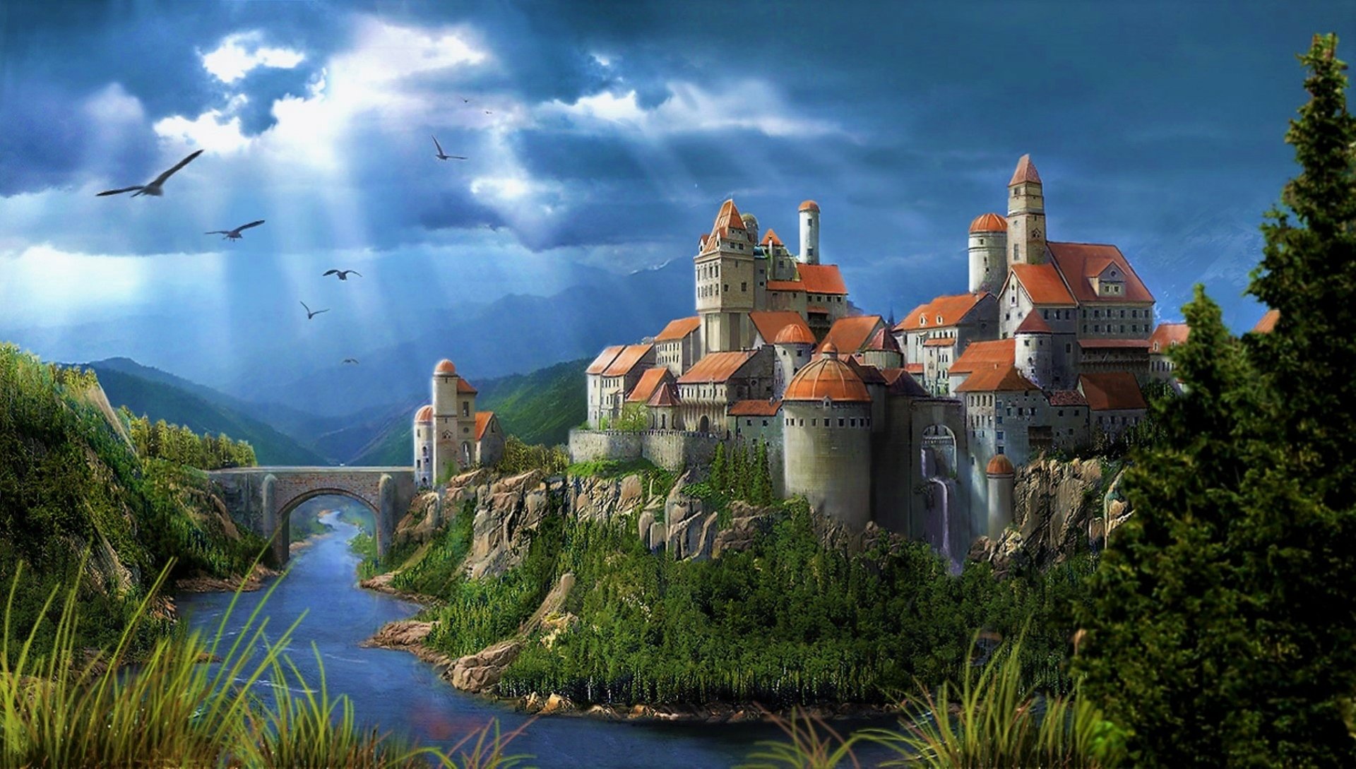 Download River Bridge Landscape Fantasy Castle HD Wallpaper