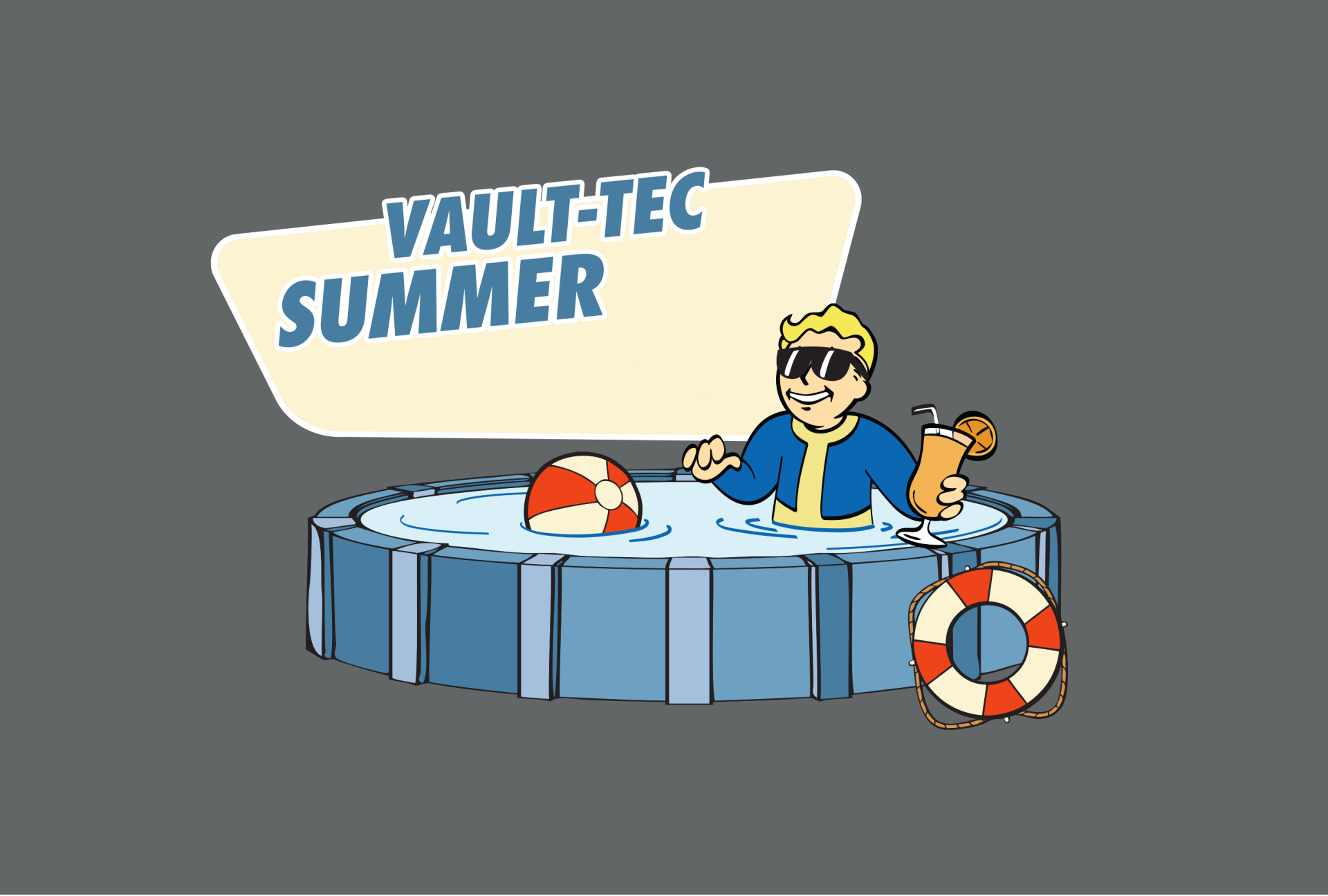 Vault Boy (Fallout) lounging in a kiddie pool with shades, drink and lifebuoy beneath Vault‑Tec Summer banner — 2K Quad HD PC desktop wallpaper/background.