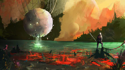 A Sci-Fi HD wallpaper depicting a futuristic scene with a large sphere above a glowing lake, surrounded by an otherworldly landscape, and a lone figure observing the scenery.