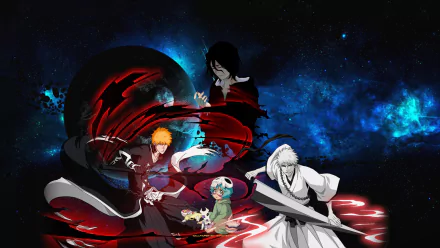 HD anime desktop wallpaper featuring Bleach characters Ichigo Kurosaki, Nel Tu, and Zangetsu amid a cosmic blue and black background.