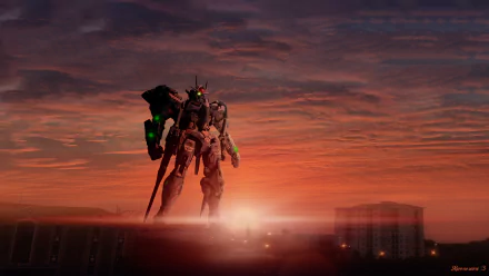 HD PC desktop wallpaper featuring a Gundam anime robot standing against a dramatic sunset sky with clouds and distant cityscape silhouettes.