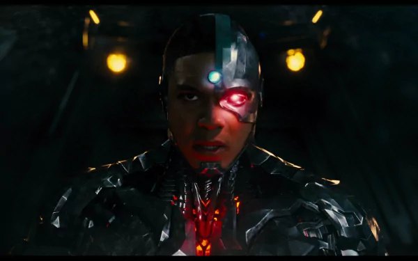 HD desktop wallpaper featuring Ray Fisher as Cyborg from the 2017 Justice League movie, showcasing his half-human, half-cybernetic appearance in a dark setting.