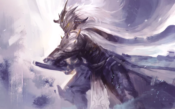 A fantasy warrior knight clad in dark armor and a flowing cape, wielding a sword amidst a misty, ethereal backdrop in 4K Ultra HD detail.