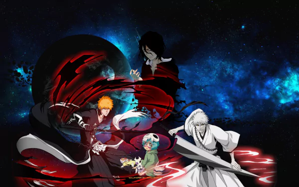 HD anime desktop wallpaper featuring Bleach characters Ichigo Kurosaki, Nel Tu, and Zangetsu amid a cosmic blue and black background.