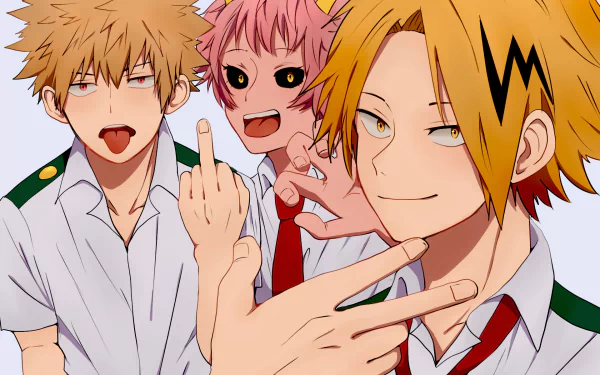 HD desktop wallpaper featuring Mina Ashido, Katsuki Bakugou, and Denki Kaminari from the anime My Hero Academia. The characters are posing in a playful and animated manner.